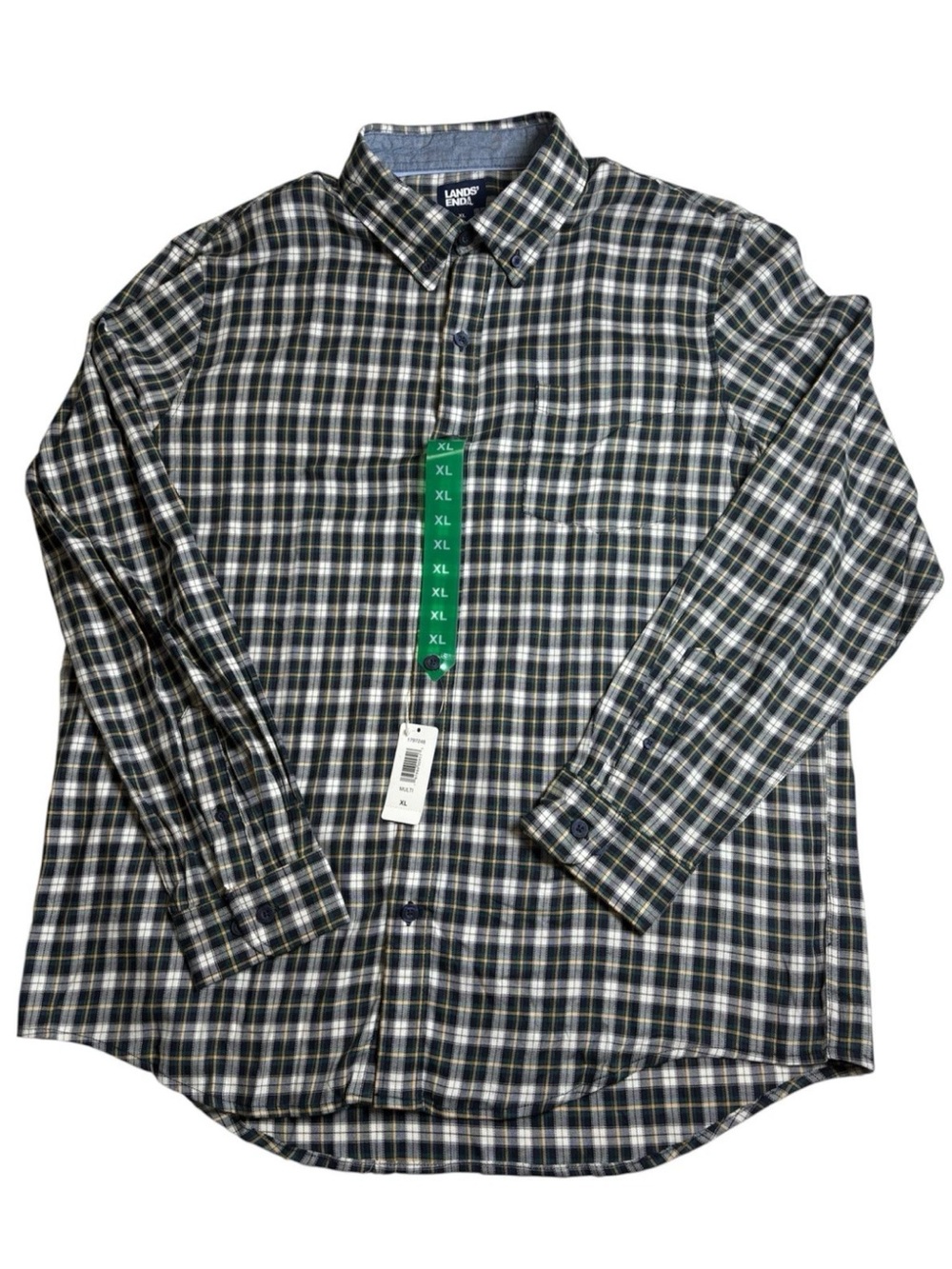 Lands’ End Men’s Brushed Twill Shirt Size XL Button Down Blue Green White Plaid